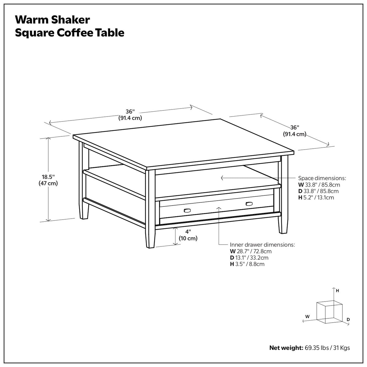 Warm Shaker - Square Coffee Table - Tobacco Brown - Bel Furniture