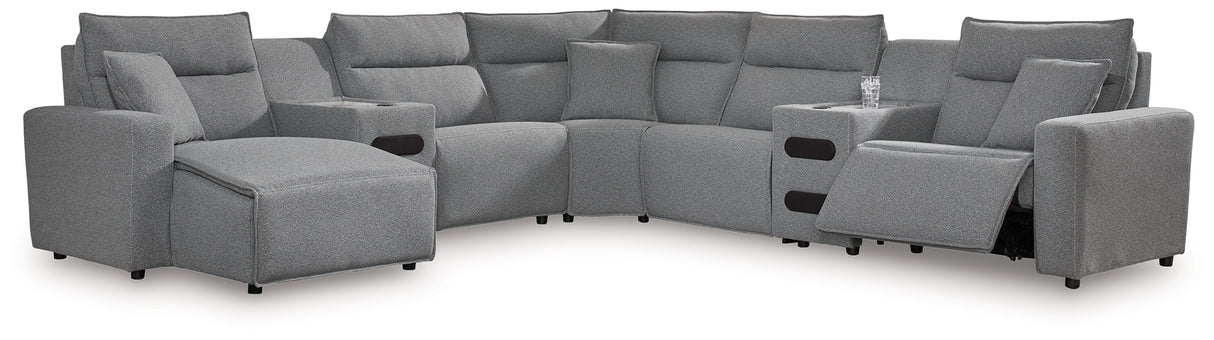Modmax - Salt And Pepper - Reclining Sectional Gray 7 Pc. Power Reclining Sectional With LAF Power Chaise And With Audio Console by Signature Design by Ashley® | Bel Furniture
