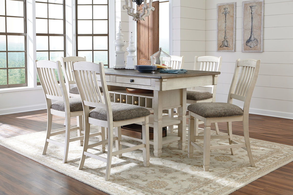 Bolanburg - Rectangular Counter Table Set Beige 7 Pc. - Rectangular Dining Room Counter Table, 6 Upholstered Barstools by Signature Design by Ashley® | Bel Furniture