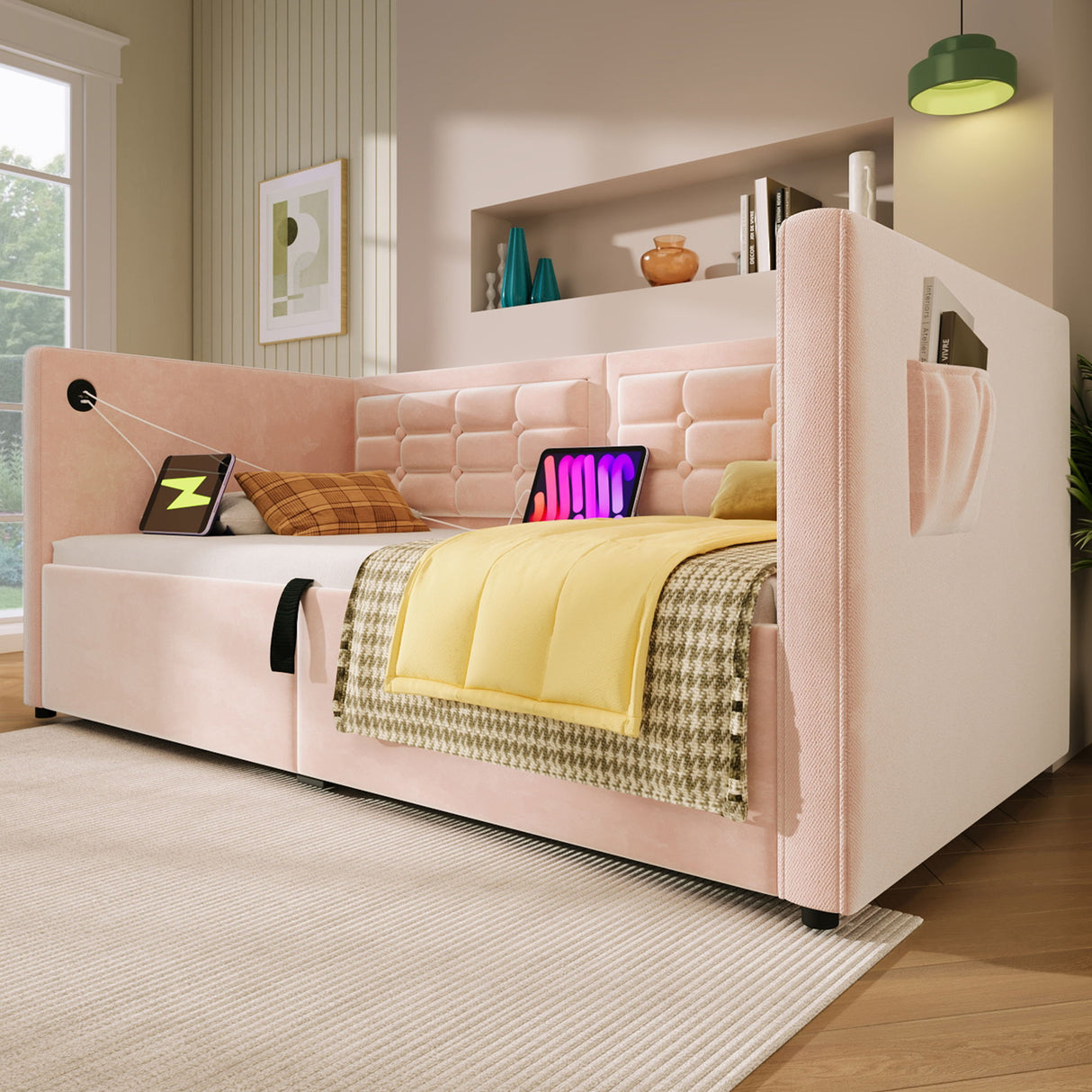 Upholstered Hydraulic Storage Daybed With USB & Type C Charging
