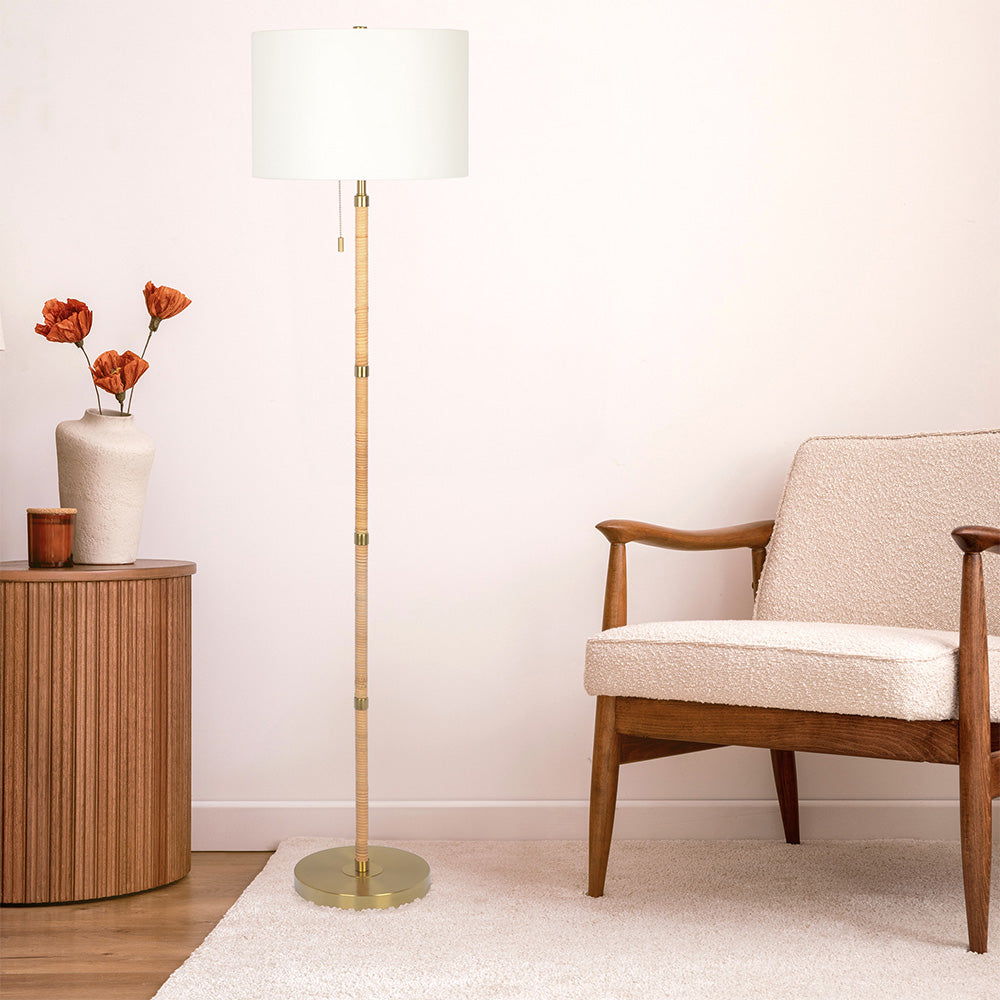 Stellar - Linen Shade Floor Lamp - Gold / Natural Wood / Rattan / White by Ashcroft Furniture | Bel Furniture
