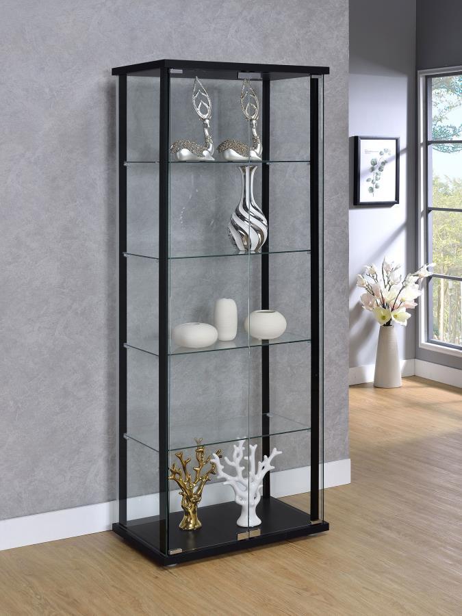 Delphinium - 5-Shelf Clear Glass Curio Display Cabinet - Black by CoasterEveryday | Bel Furniture