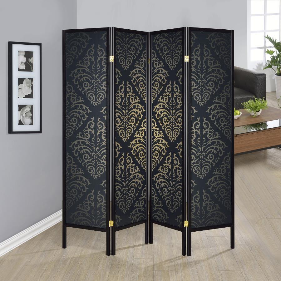 Haidera - 4-Panel Room Divider Folding Screen - Black Damask by CoasterEveryday | Bel Furniture