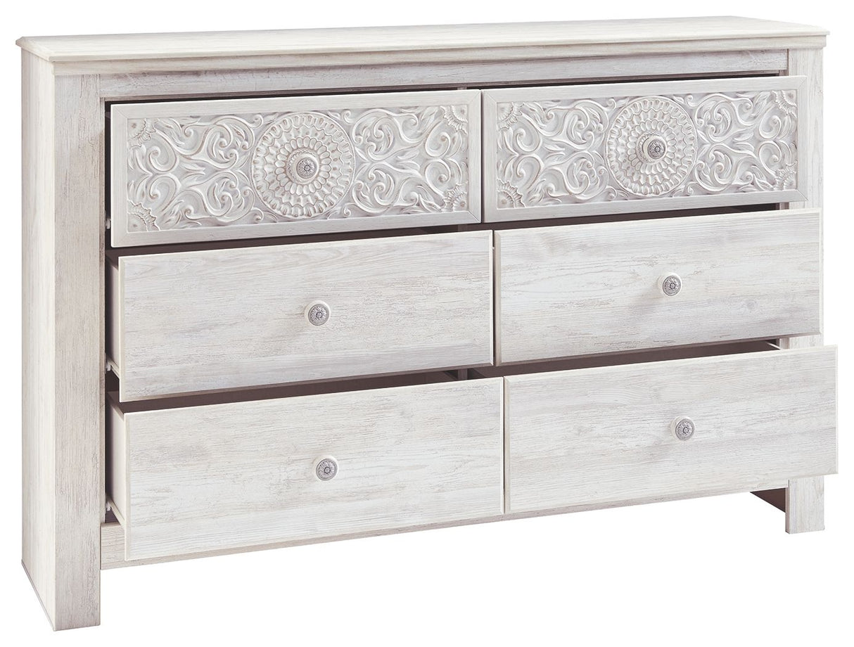 Paxberry - Whitewash - Six Drawer Dresser - Medallion Drawer Pulls by Signature Design by Ashley® | Bel Furniture