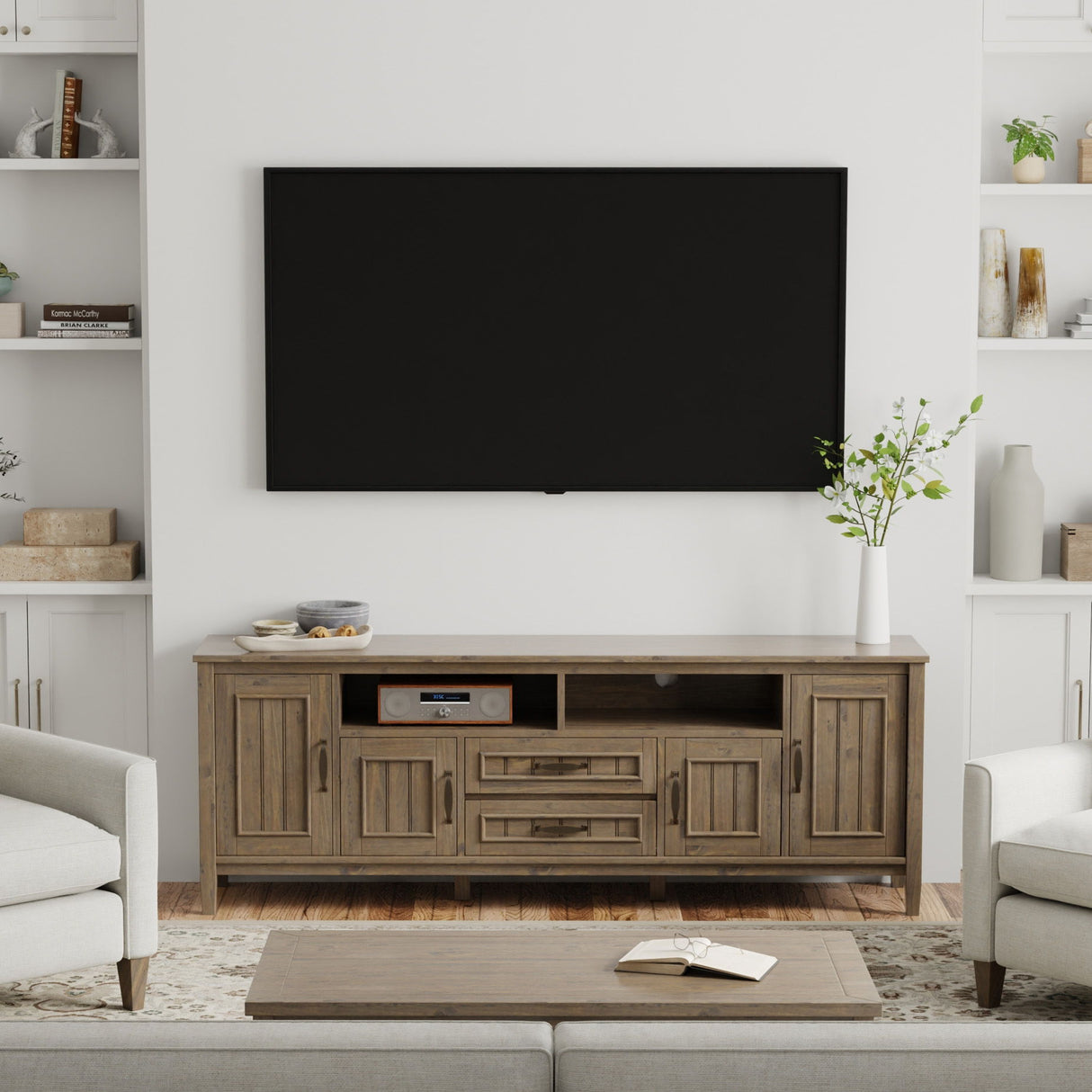 Lev - Handcrafted TV Media Stand - Smoky Brown by Simpli-Home | Bel Furniture