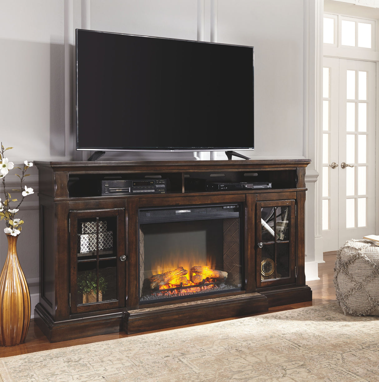 Roddinton - Dark Brown - XL TV Stand w/Fireplace Option by Signature Design by Ashley® | Bel Furniture