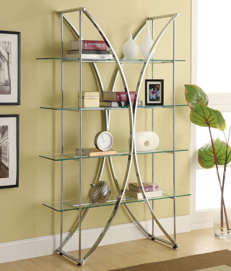 Larson - 4-Shelf Glass Bookshelf - Chrome by CoasterEssence | Bel Furniture