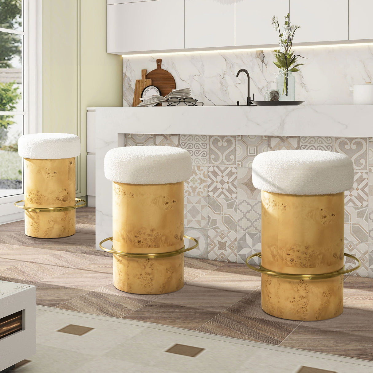 Nebula - Backless Round Upholstered Counter Stool With Burl - Ivory White by Jennifer Taylor Home | Bel Furniture