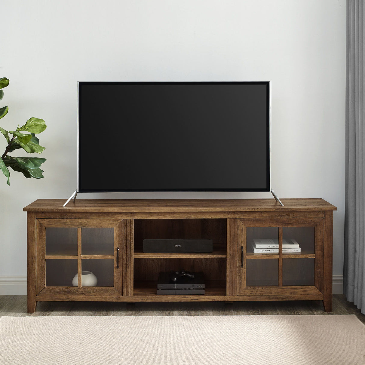 Modern Farmhouse 2 Door Glass Windowpane 70" TV Stand For 80" TVs by Walker Edison | Bel Furniture
