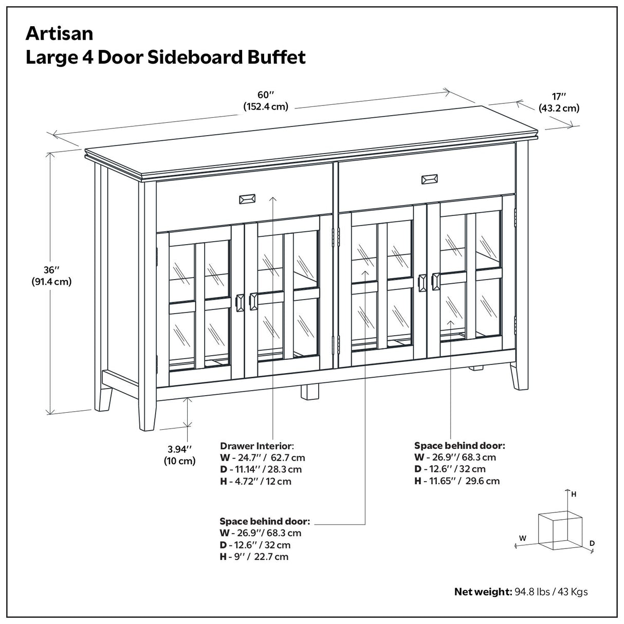 Artisan - Large 4 Door Sideboard Buffet - Dark Chestnut Brown