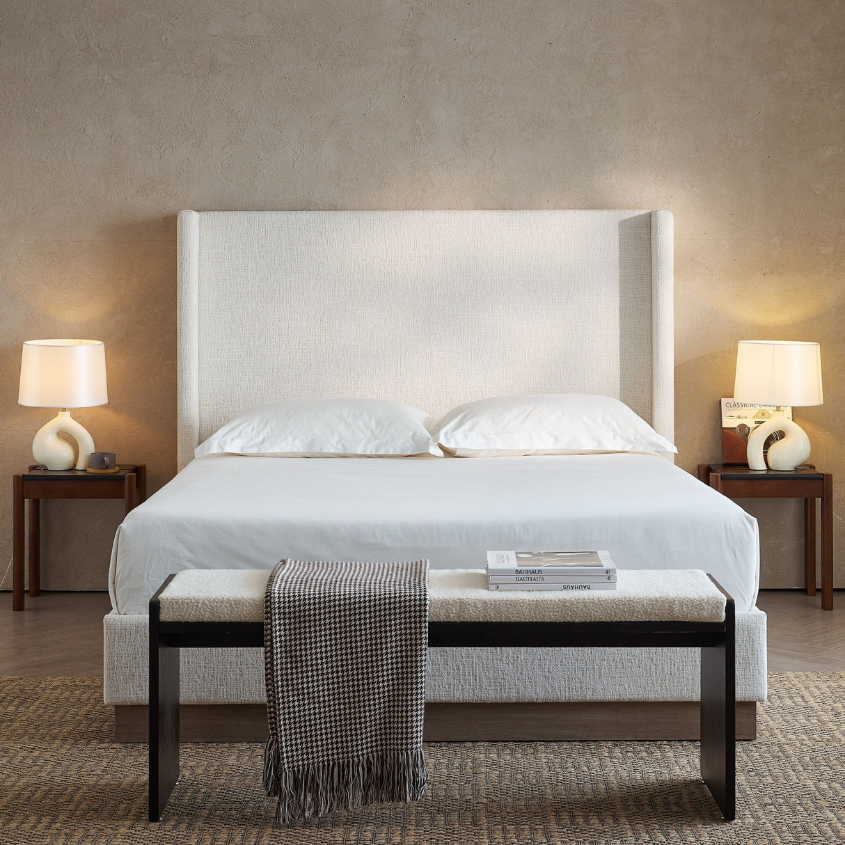 Hosford - Minimalist Upholstered Wingback Bed With Wood Base Platform