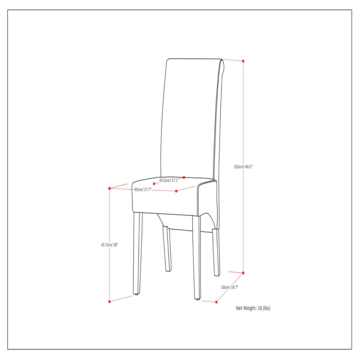 Avalon Deluxe Parson dining chair with dimensions shown, neutral upholstered seat and wooden legs - Bel Furniture