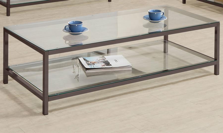 Trini - 1-Shelf Glass Top Coffee Table - Black Nickel by CoasterEssence | Bel Furniture