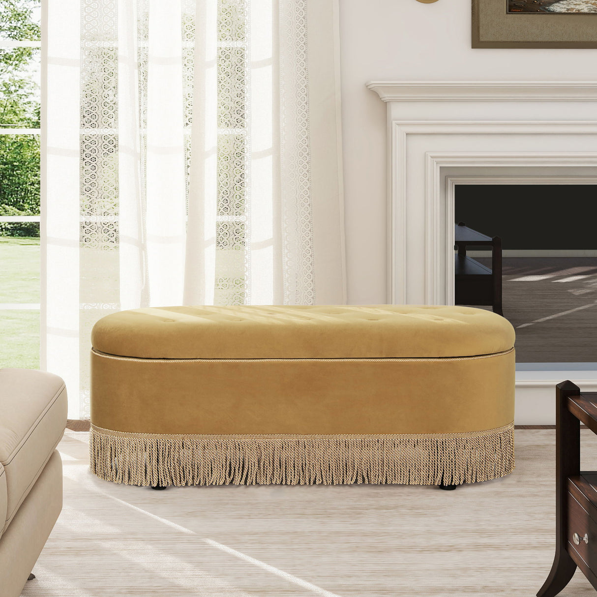 Melinda - Oval Tufted Bullion Fringe Storage Bench by Jennifer Taylor Home | Bel Furniture
