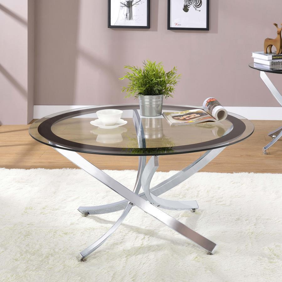 Brooke - Round Glass Top Coffee Table Metal Base by CoasterEssence | Bel Furniture