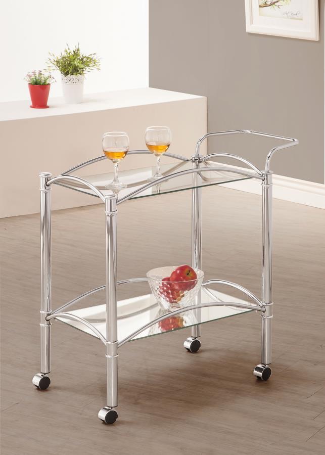 Shadix - 2-Tier Rectangular Glass Shelf Metal Bar Cart - Chrome by CoasterEveryday | Bel Furniture