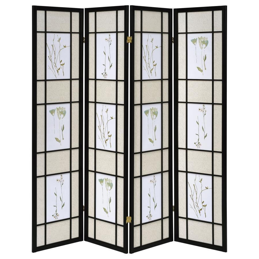 Catabella - 4-Panel Room Divider Folding Shoji Screen Floral - Black by CoasterEveryday | Bel Furniture