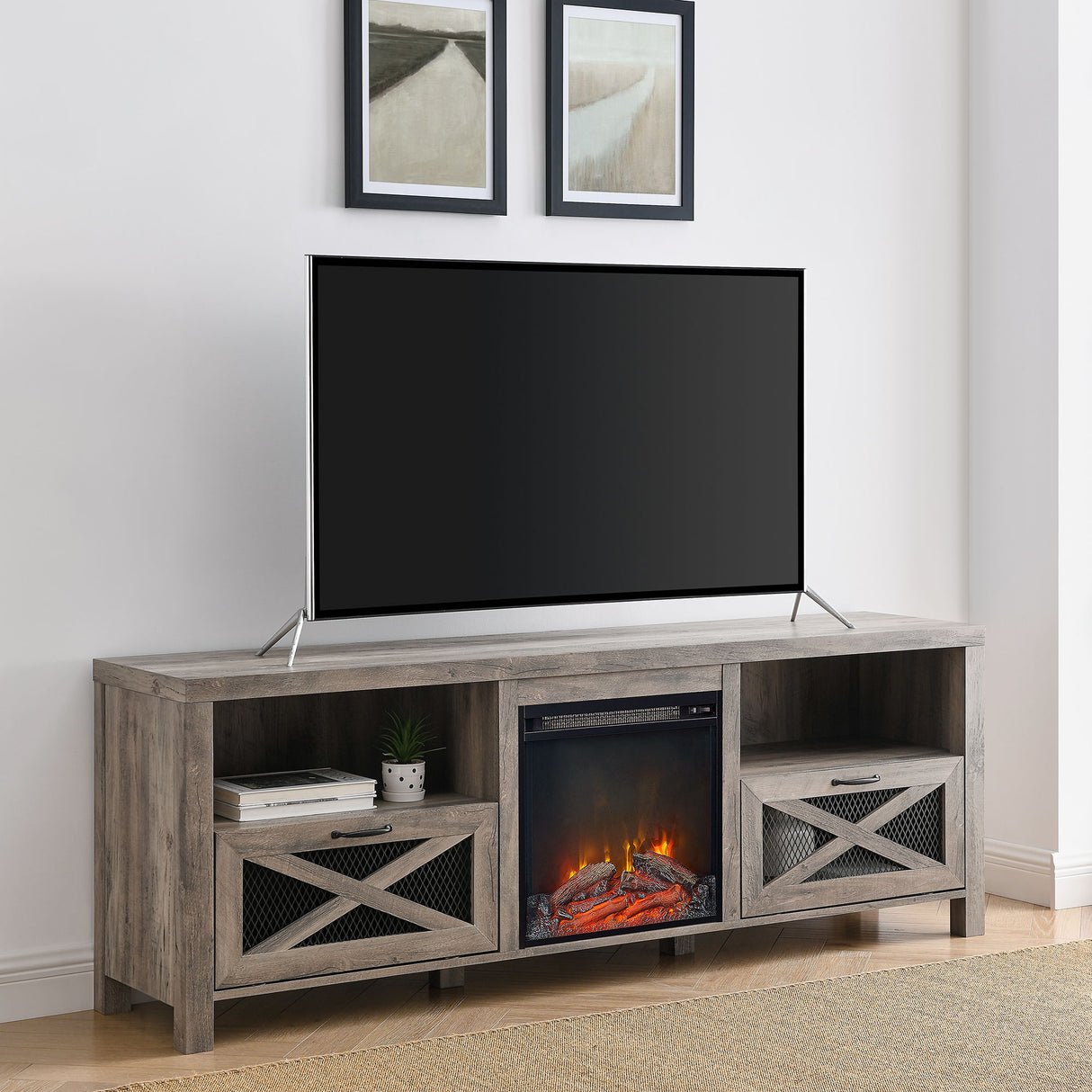 Industrial Farmhouse Metal Mesh Drop Down X Door Fireplace TV Stand by Walker Edison | Bel Furniture