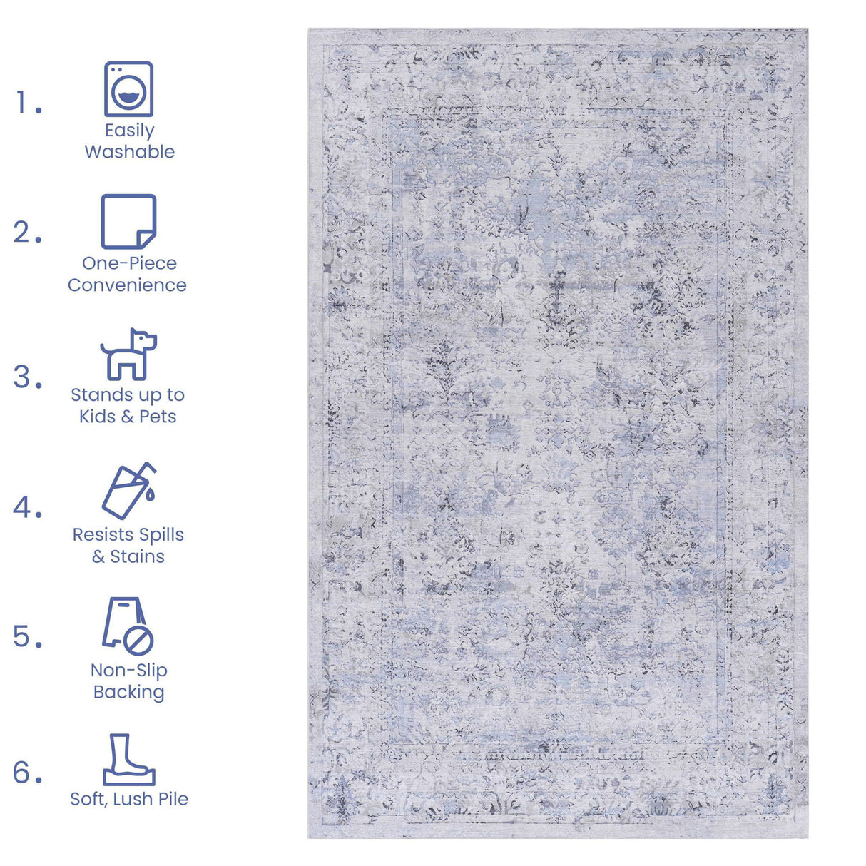 Maval - 6' X 9' Washable Area Rug - Blue / Cream