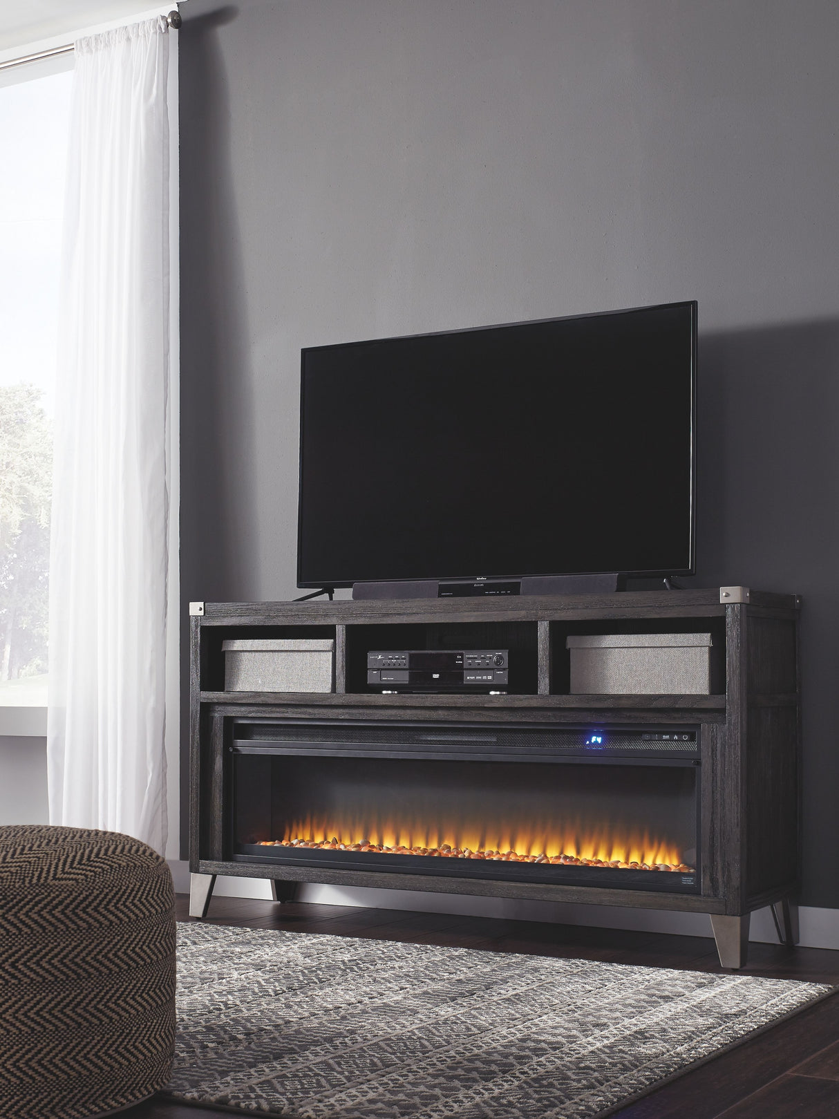 Todoe - Gray - 2 Pc. - 65" TV Stand with Wide Fireplace Insert by Signature Design by Ashley® | Bel Furniture