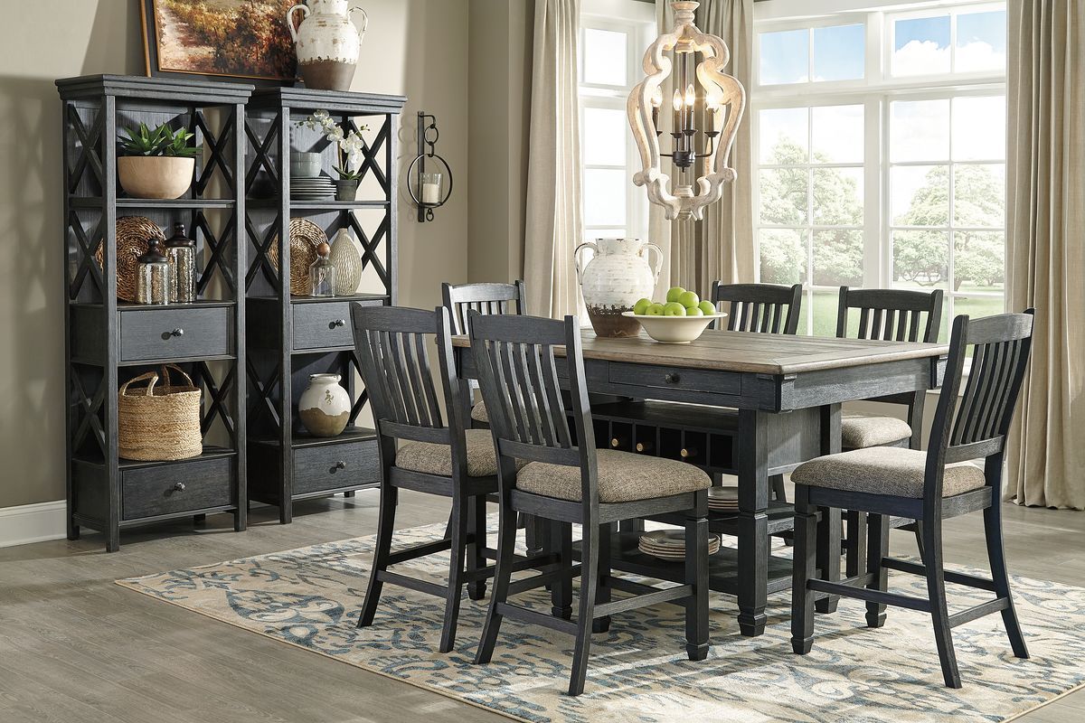 Tyler Creek - Counter Height Table Set Dark Gray 9 Pc. - Rectangular Dining Room Counter Table, 6 Upholstered Barstools, 2 Display Cabinets by Signature Design by Ashley® | Bel Furniture