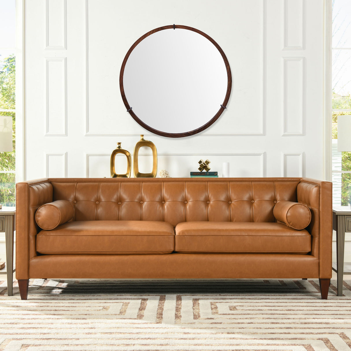 Hausen - Mid-Century Modern Round Accent Wall Mirror - Brown Walnut by Jennifer Taylor Home | Bel Furniture