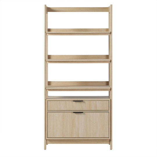 Transitional Wide Reeded Bookshelf With Drawers On Bottom