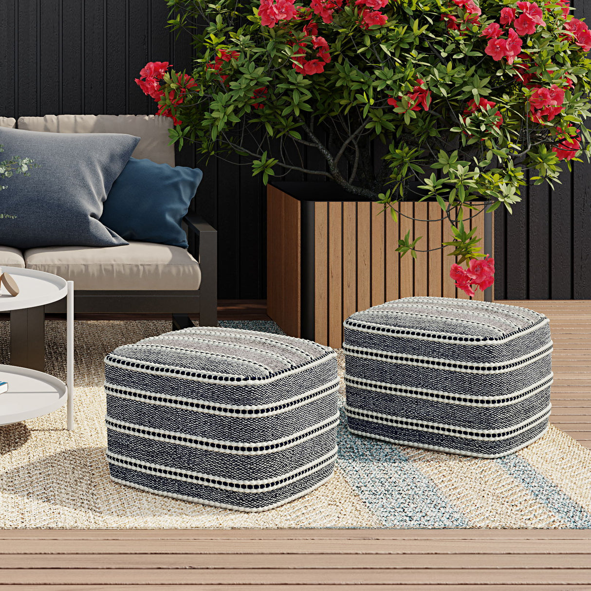 Corrie - Square Woven Outdoor / Indoor Pouf - Navy / White by Simpli-Home | Bel Furniture