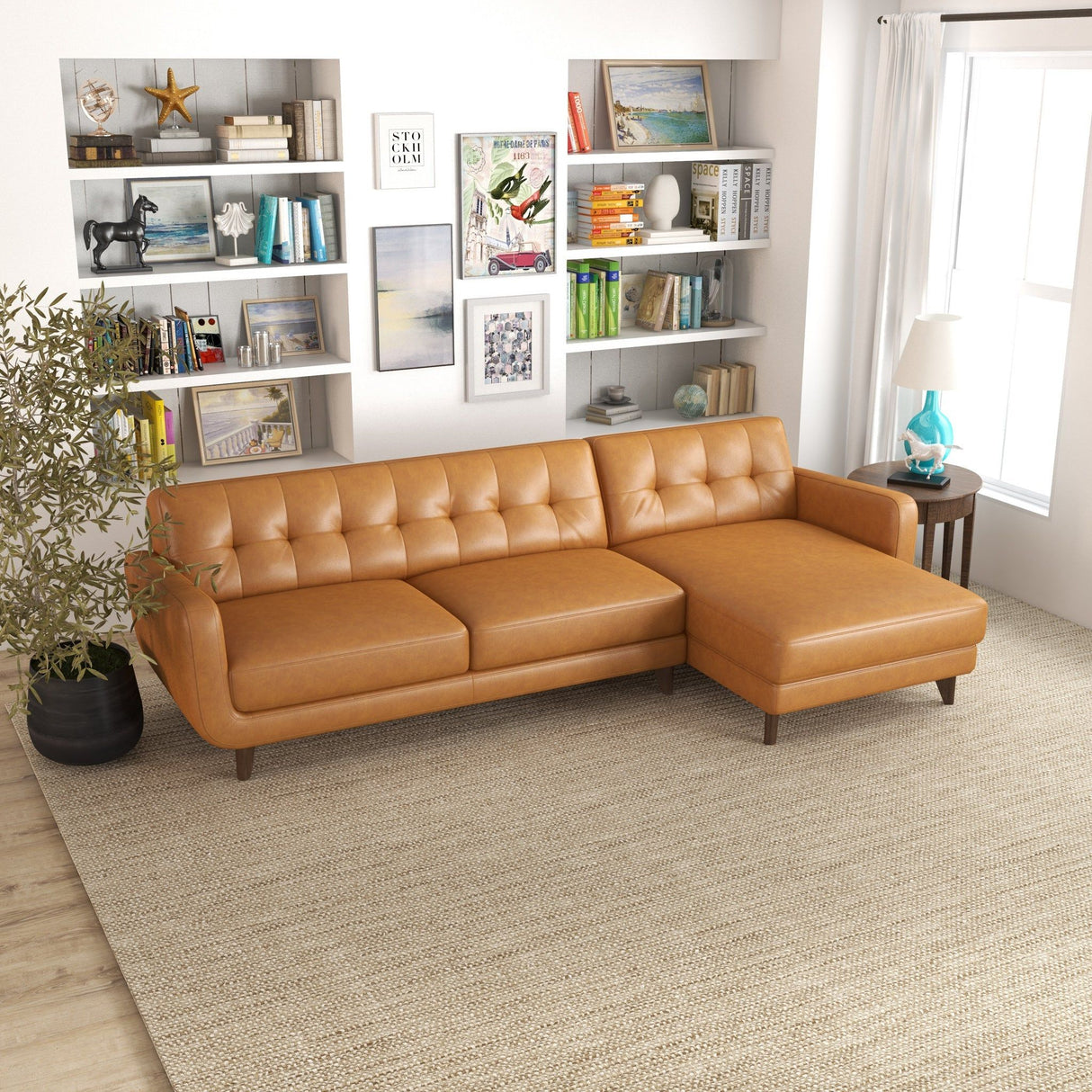 Allison - Mid-Century Modern Leather Sectional Sofa Chaise
