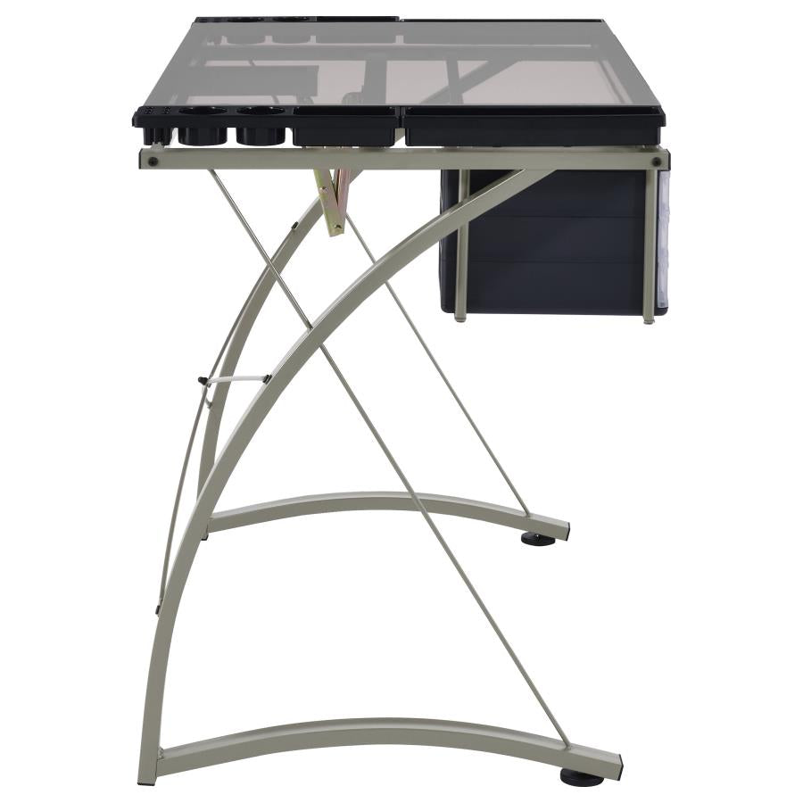 Melo - Glass Top Drafting Table With Storage - Silver