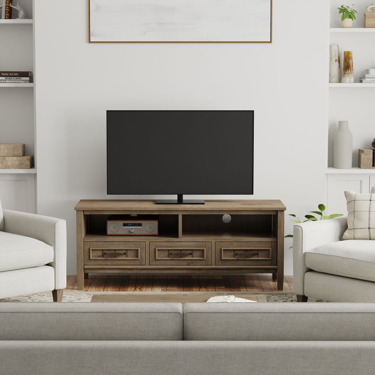 Lev - Low TV Stand - Smoky Brown by Simpli-Home | Bel Furniture