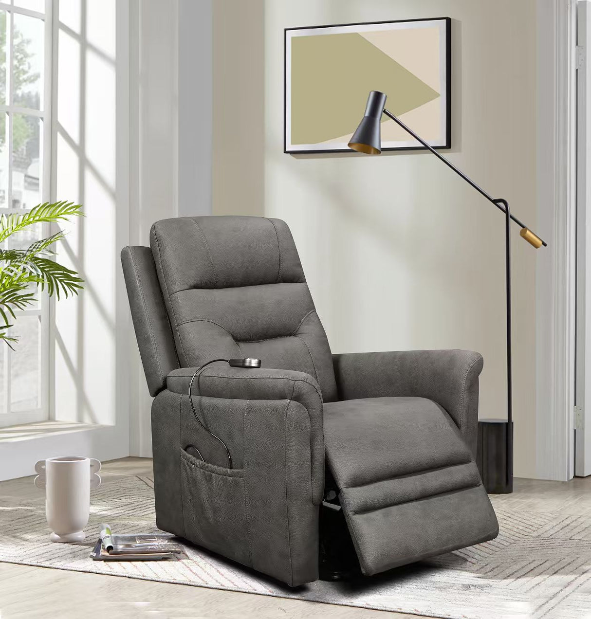 Gray Tufted Power Recliner with Side Pocket & Remote Control