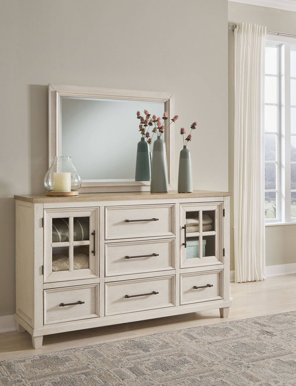 Shaybrock - Antique White / Brown - Dresser And Mirror by Benchcraft® | Bel Furniture