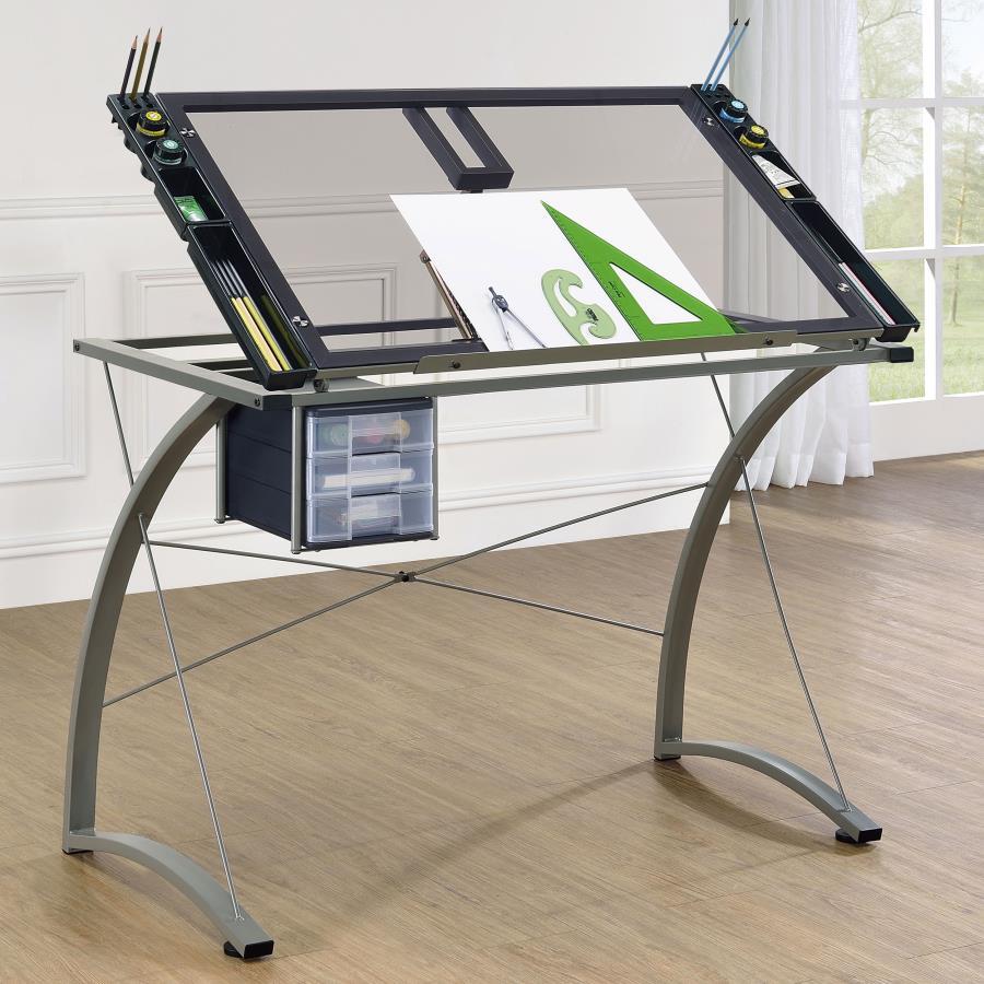 Melo - Glass Top DRAFting Table With Storage - Silver by CoasterEveryday | Bel Furniture