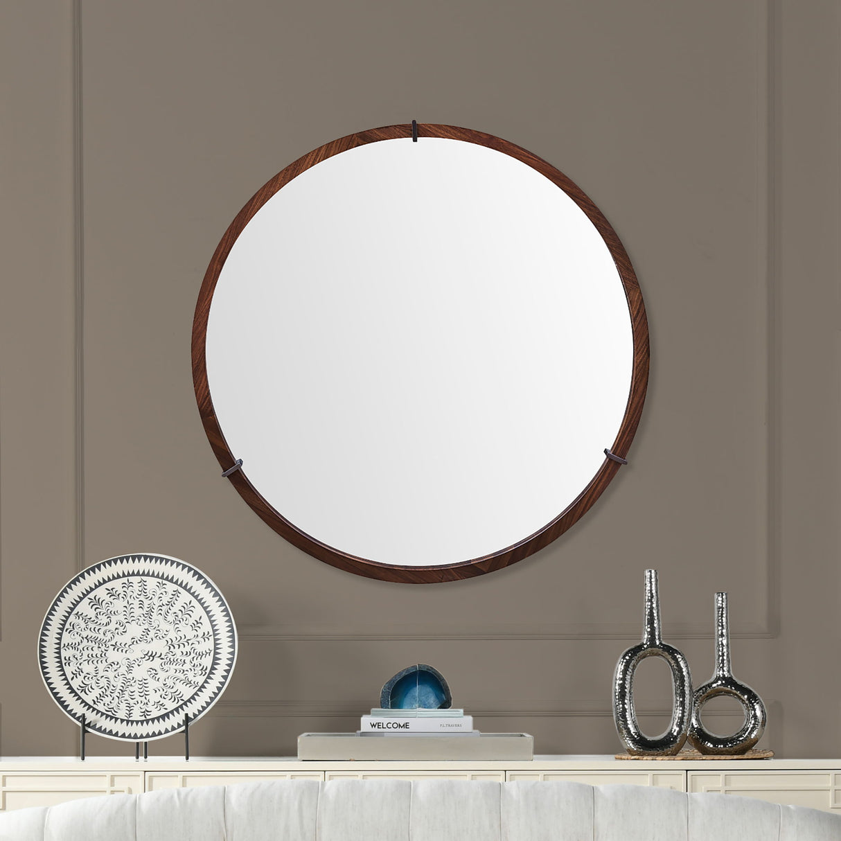 Hausen - Mid-Century Modern Round Accent Wall Mirror - Brown Walnut by Jennifer Taylor Home | Bel Furniture