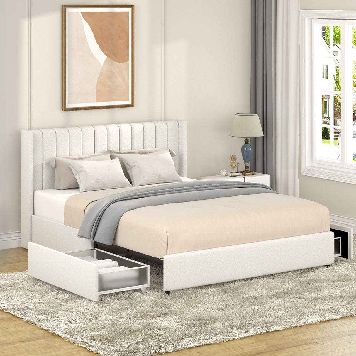 Anda - Boucle Upholstered Platform Bed With Patented Drawers Storage - Ivory by House & Home Furniture | Bel Furniture