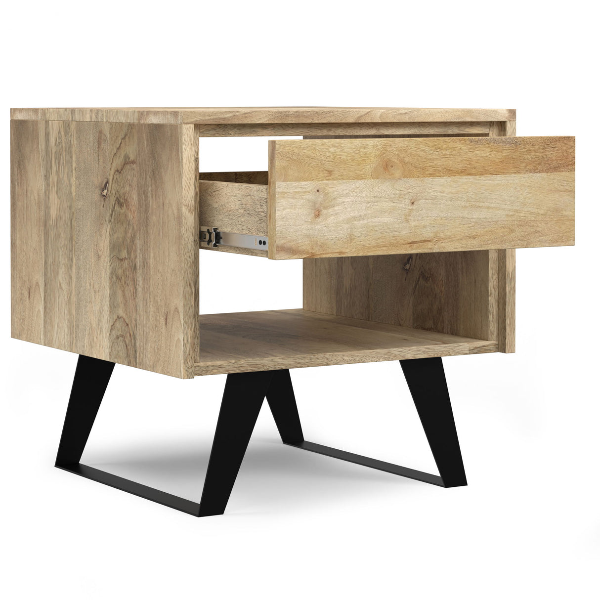 Lowry handcrafted end table with light wood finish, open shelf, pull-out drawer, and black metal legs - Bel Furniture
