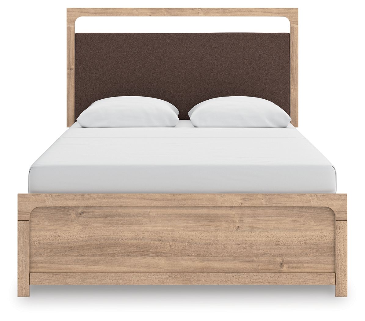 Kinlanni - 3 Pc. - Queen Upholstered Panel Bed, Dresser And Mirror - Tan