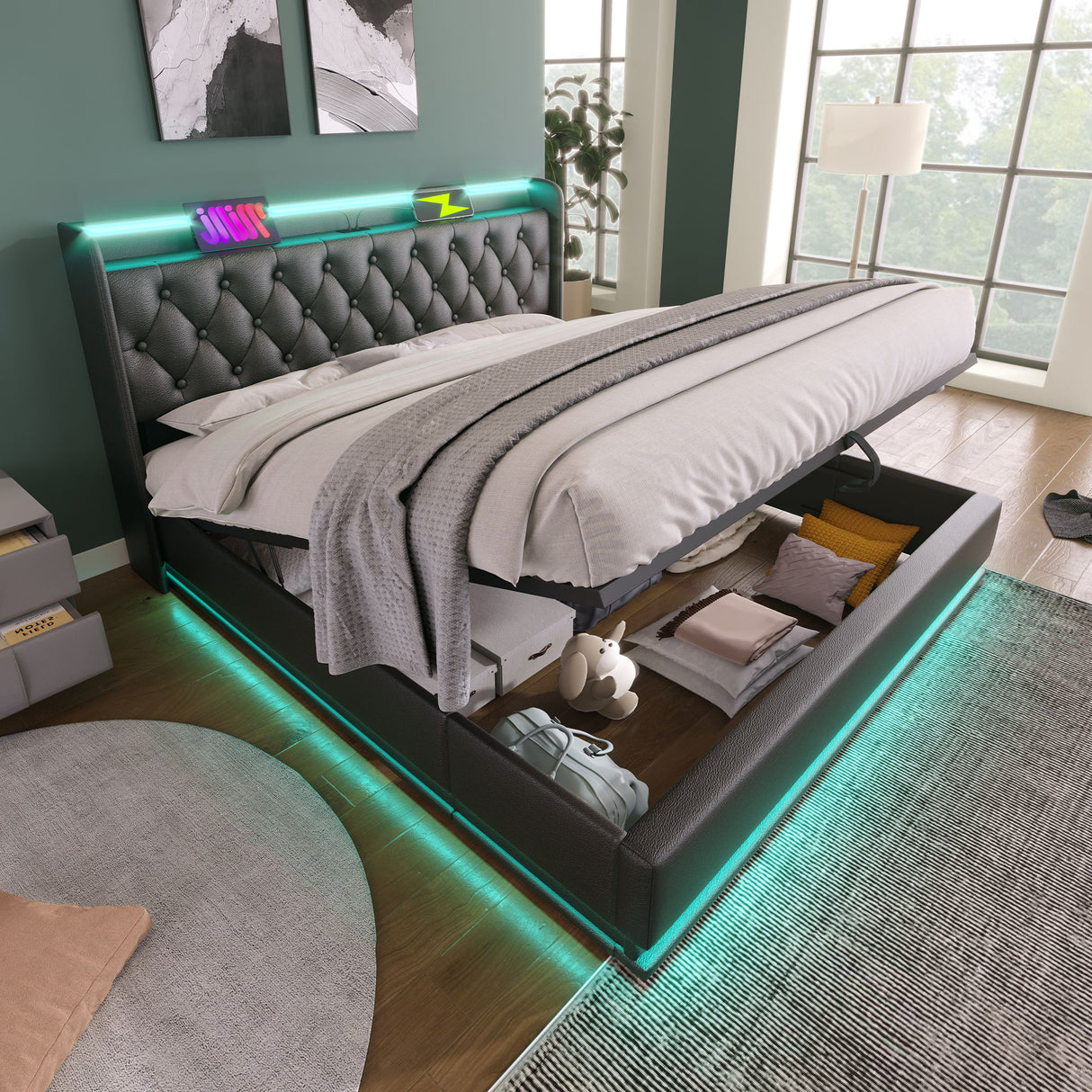 Upholstered Bed, 360 Surround LED Function, Remote Control, Hydraulic Storage Bed With USB, Type-C Charging (Without Mattress)