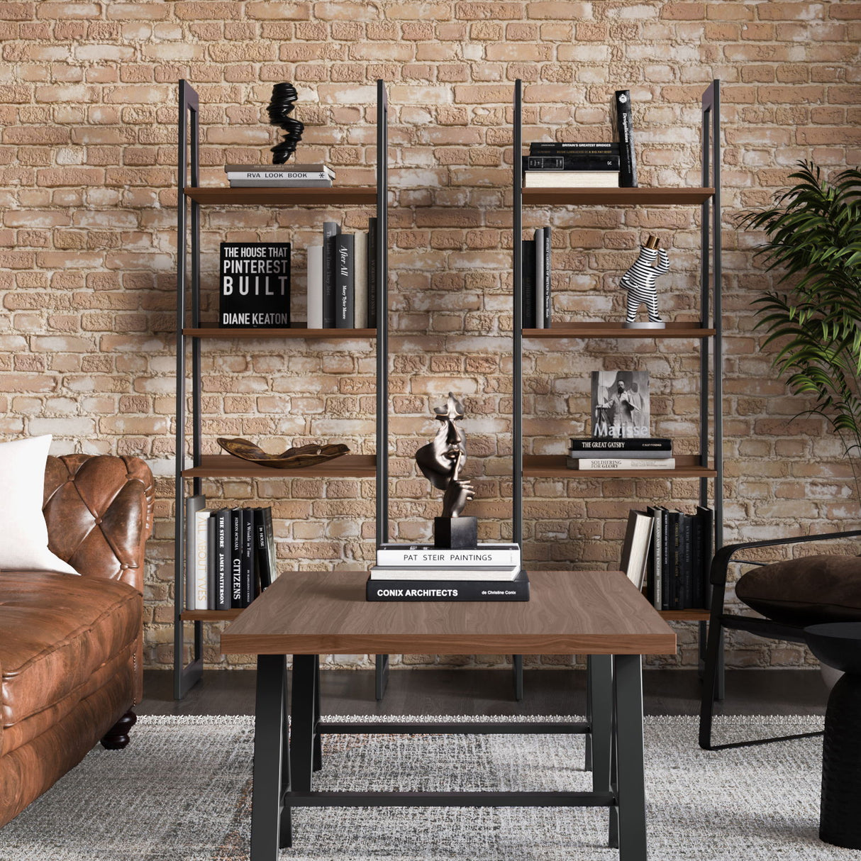 Sawhorse - Solid Walnut Veneer And Metal Ladder Shelf - Walnut by Simpli-Home | Bel Furniture