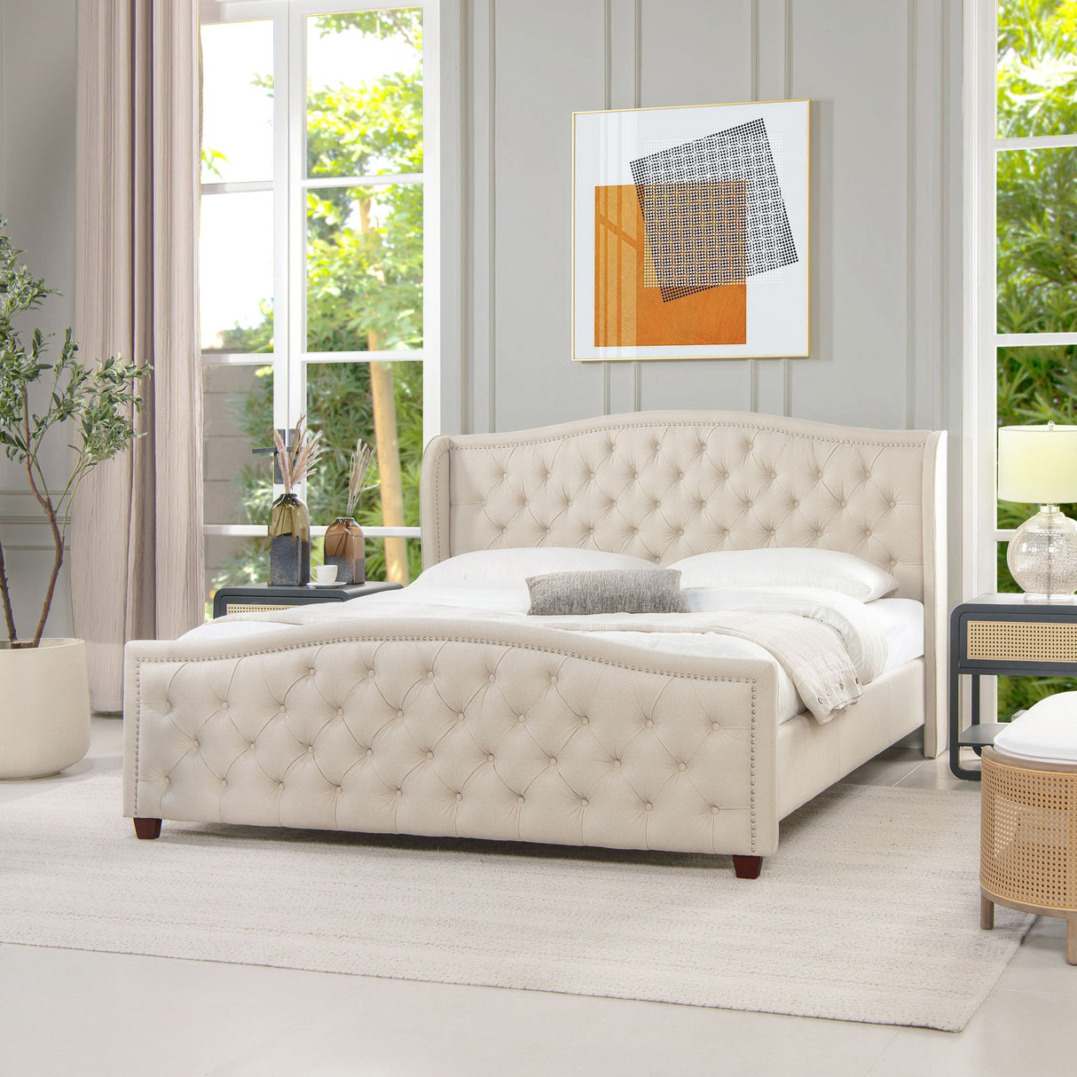 Fontana - Handcrafted Wingback Upholstered Platform Bed Frame by Jennifer Taylor Home | Bel Furniture
