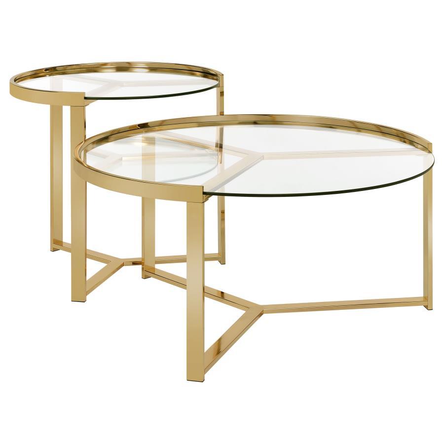 Delia - 2 Piece Round Glass Top Nesting Coffee Table Gold by Coaster Fine Furniture | Bel Furniture