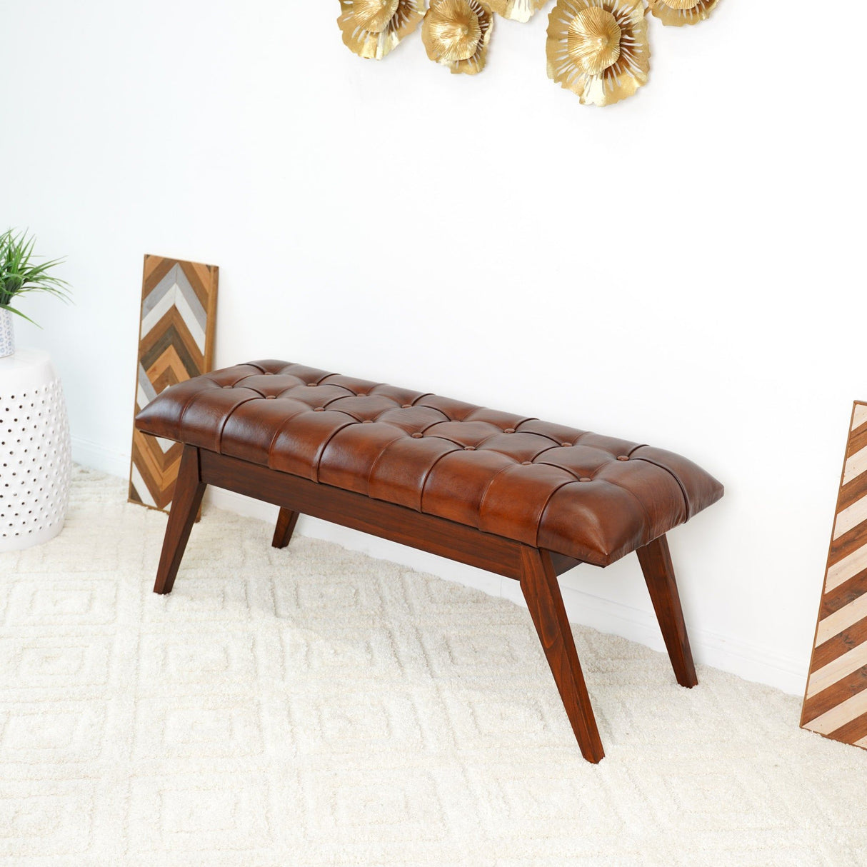 Maja - Mid-Century Modern Leather Bench - Cognac / Dark Brown by Ashcroft Furniture | Bel Furniture