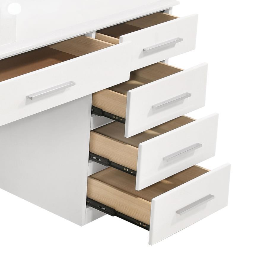 Felicity - 9-Drawer Vanity Table With Lighted Mirror - Glossy White by CoasterElevations | Bel Furniture