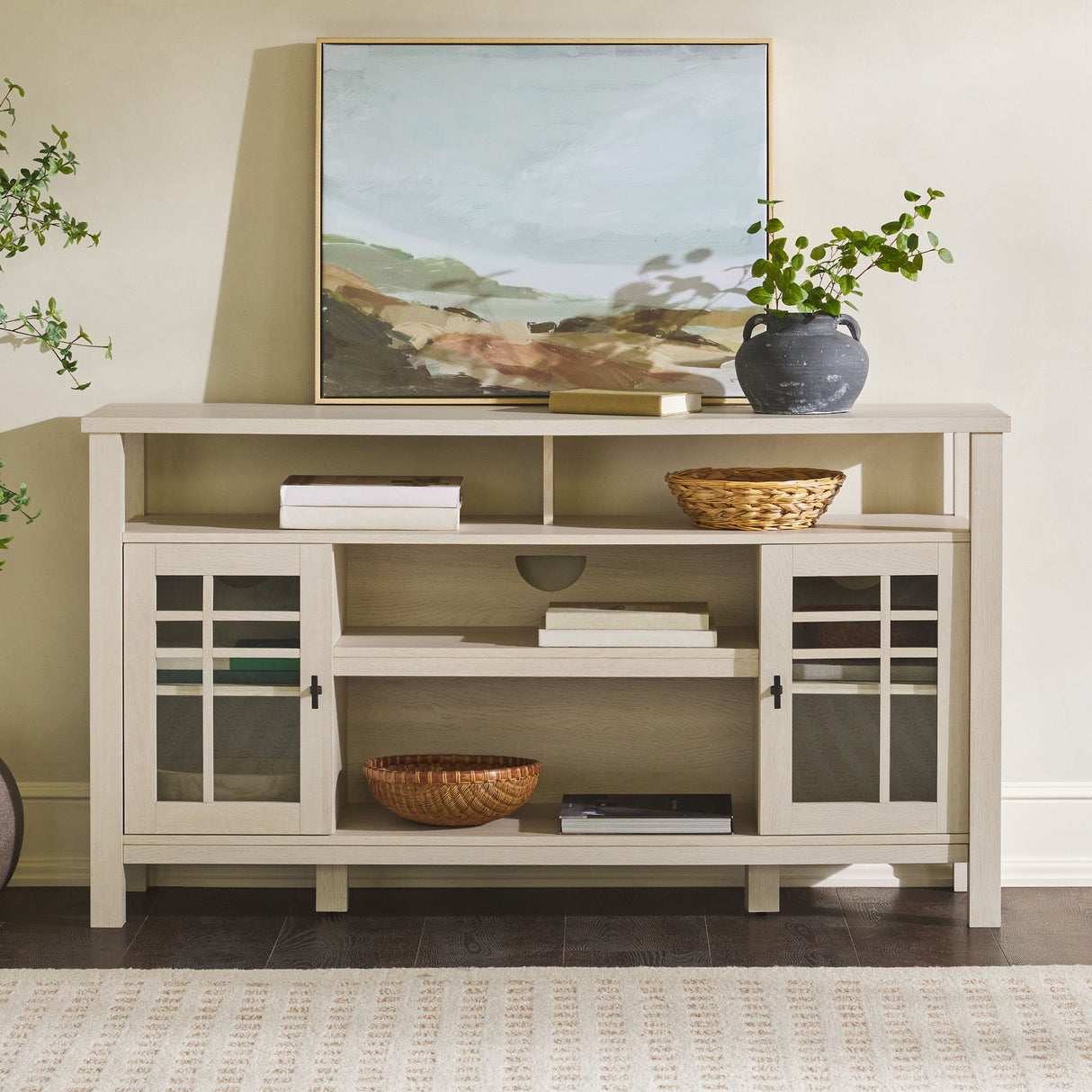 Transitional 2 Door Sideboard With Windowpane Design - Ivory Oak by Walker Edison | Bel Furniture