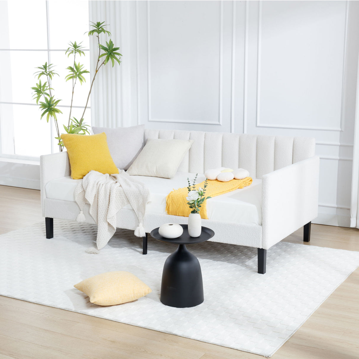 Elena - Boucle Upholstered Daybed, Ribbed Tufted Backrest