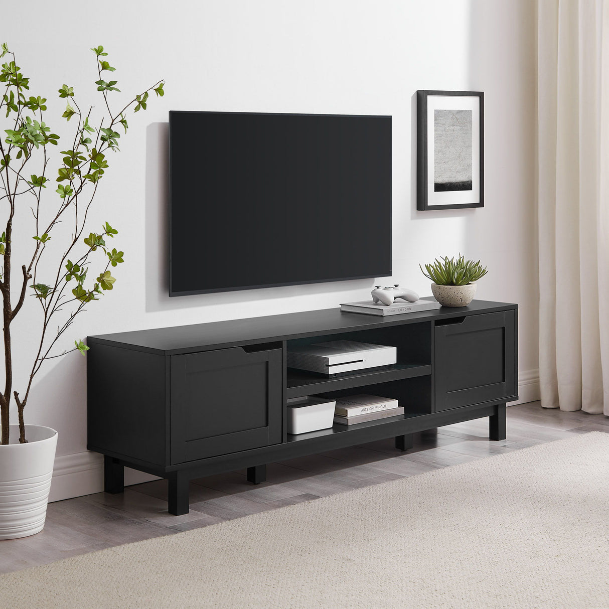 Modern 2 Door Open Storage TV Stand For TVs Up To 65" - Solid Black by Walker Edison | Bel Furniture