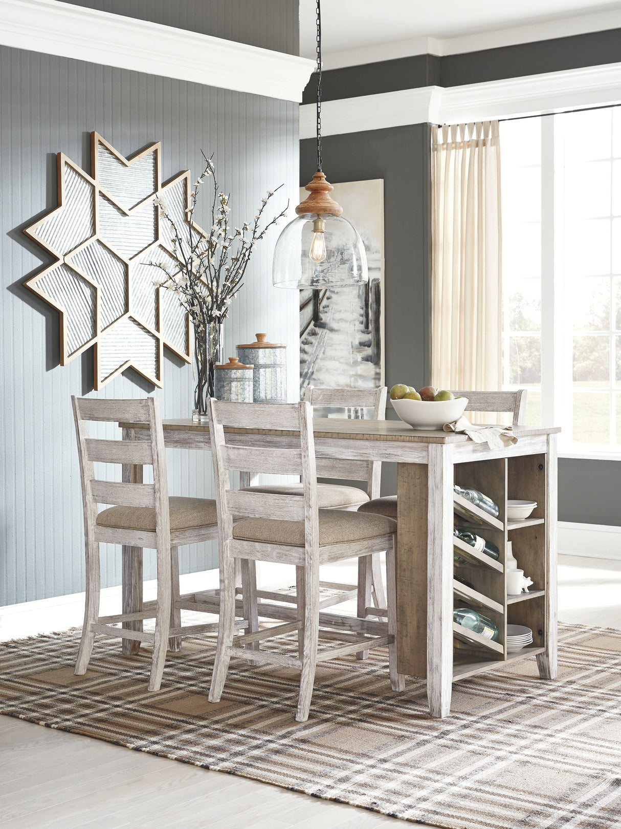 Skempton - Rectangular Counter Table With Storage Set White 5 Pc. - Rectangular Counter Table with Storage, 4 Upholstered Barstools by Signature Design by Ashley® | Bel Furniture