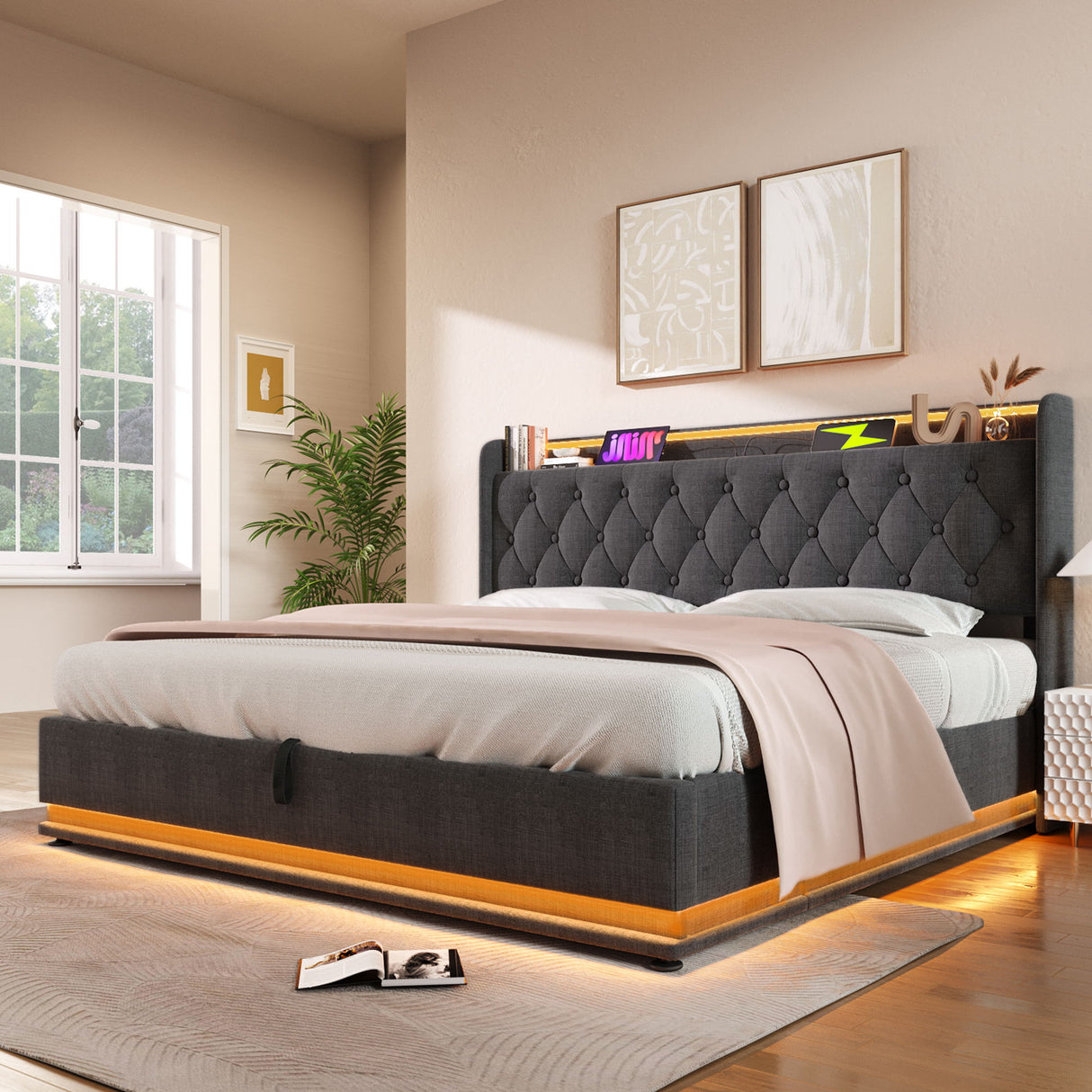 Upholstered Bed, 360 Surround LED Function, Remote Control, Hydraulic Storage Bed With USB, Type-C Charging (Without Mattress)