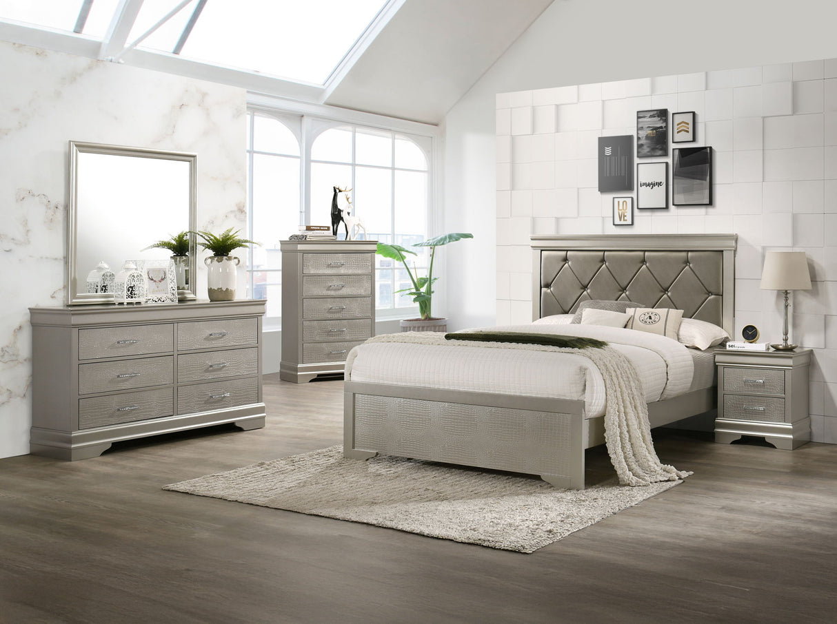 Amalia - Bedroom Set Pearl Silver 5 Pc. Bed, Dresser, Mirror, Chest, Nightstand by Crown Mark | Bel Furniture